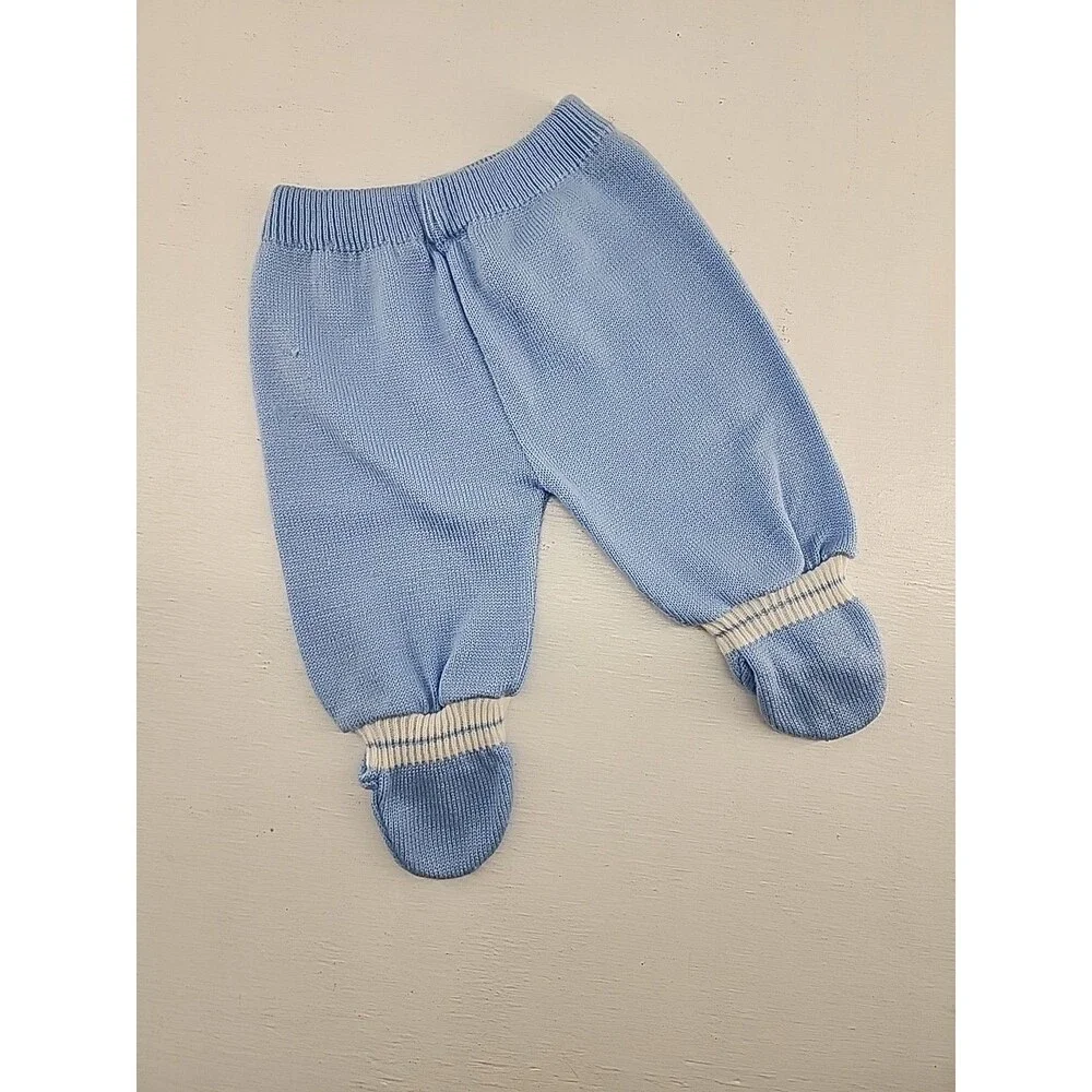 Vtg Baby Boy Knit Outfit Bow Tie University Blue White Sweater Footie‎ Pants 3/6